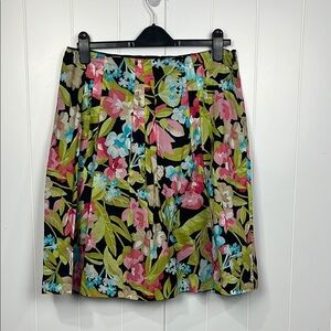 Talbots Womens Skirt 12 Blue Green Tropical Print Side Zip Lined Pleats Summer